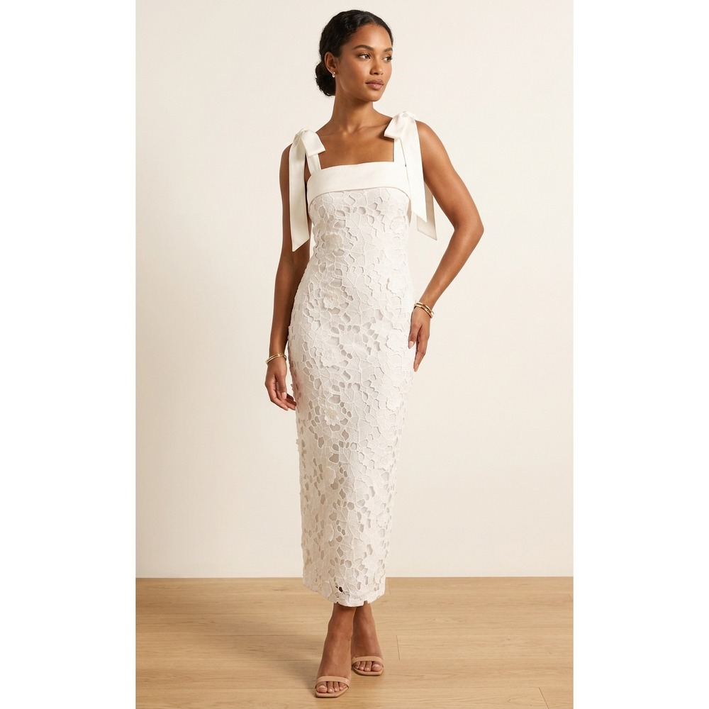 Petal & Pup Emersyn White Lace Dress Bow Strap Sheath S Bridal Shower Formal